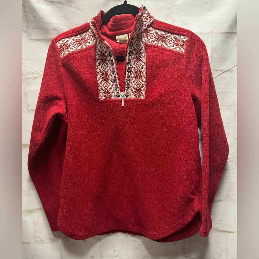 Vtg LL Bean Fleece Pullover Red Nordic Style‎ Snowflake Trim Womens Size XS